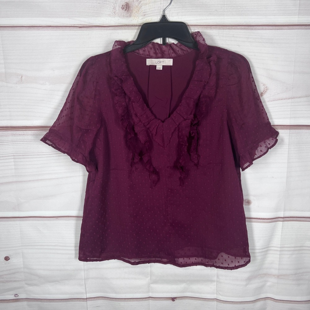 LOFT Blouse Womens XS Burgundy Swiss Dot Ruffle Neck Short Sleeve Sheer Overlay